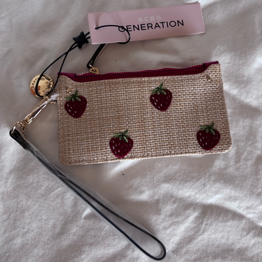 BCBGeneration Beige Straw Wristlet with Red Strawberry Accents